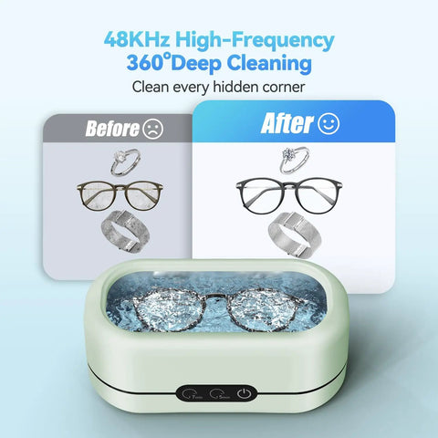 Pro Gear Slick Ultrasonic Cleaner For Jewelry And Glasses With Dual Cleaning Modes And Strong 48 Khz Waves To Sweep Out Tough Gunk With Plain Tap Water For Bright Shine, showing glasses before and after cleaning.