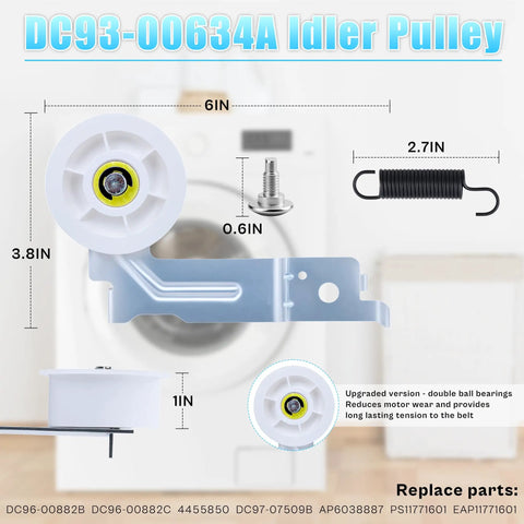 DC93-00634A Idler Pulley with spring, screw on Samsung dryer Upgraded Dryer Roller Kit For DV42H5200EW/A3 DV40J3000EW/A2
