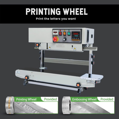 Pro-Grade Automatic Continuous Band Sealer With Stand For PVC Bags with digital counter and embossing coder, 110V displayed