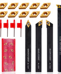 CHAWNIAO 14-piece indexable lathe turning tool set with 4 black tool bars, 10 carbide inserts, red storage case, and depth gauge.