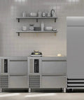 Straight Up Two Door Commercial Reach In Freezer Upright Auto Defrost Design With Bottom Mount Condenser and Heavy Duty Steel Cabinet in a modern kitchen.