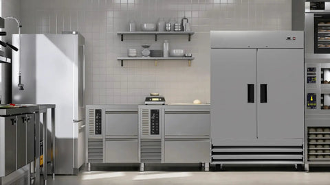 Straight Up Two Door Commercial Reach In Freezer Upright Auto Defrost Design With Bottom Mount Condenser and Heavy Duty Steel Cabinet in a modern kitchen.