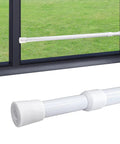 Adjustable Window Security Bar For Sliding Doors 15.7 To 27.5 Inches With Rubber Tips And 1.2 Inch Diameter White Tension Rod Lock Bar For Extra Home Safety Easy Install Secure Fit And Window Locking Confidence shown installed on window and close-up of rubber-tipped bar.