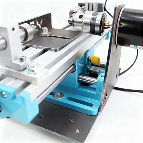 Close-up of SiCWedIm Bench Drill Precision DIY Wood Beads Lathe 400W High Speed Micro Metal Turning Machine with motor.