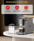 Fully Automatic Espresso Maker With Built In Grinder And Automatic Milk Frother For Killer Cappuccinos And Lattes Featuring Intuitive Touch Display And Five Custom Brew Strength Levels on kitchen counter with removable water tank and milk container.