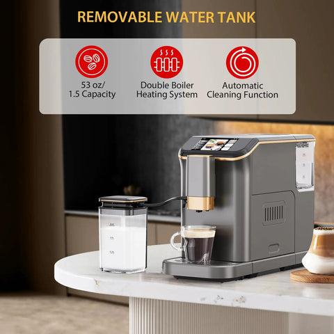 Pull The Perfect Shot With This Fully Automatic Espresso Machine Featuring Built In Grinder And Milk Frother Steam Wand For Smooth Daily Grinds And Top Shelf Sips Grey on kitchen counter with glass cup and milk pitcher.