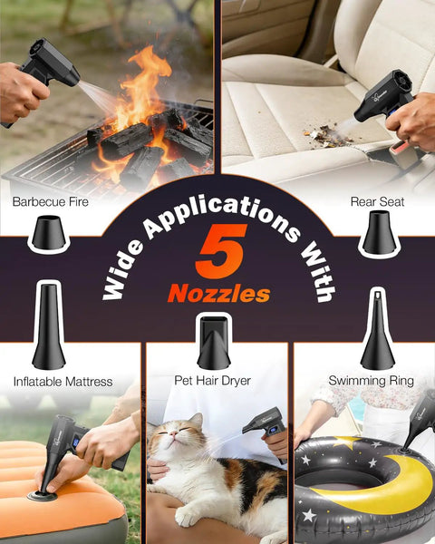 Beast Mode Cordless Air Duster With LED Display and 5 nozzles, shown cleaning BBQ, car seat, mattress, pet hair, and float.