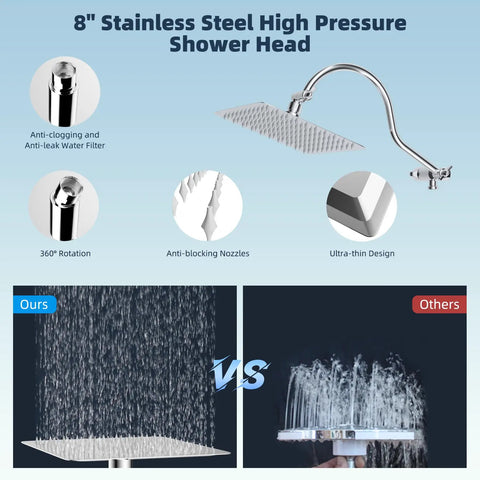 All Metal CUPC Certified 8 Inch Rainfall Shower Head and Handheld Combo With 10 Spray Settings, stainless steel anti-clog shower head