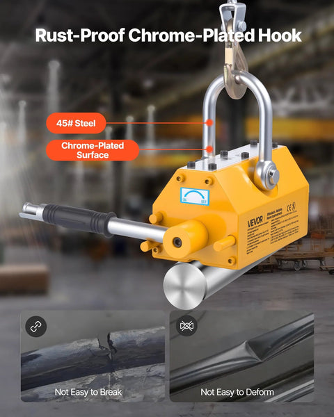 VEVOR yellow permanent magnetic lifter with chrome-plated steel hook and release handle, 1320 lb capacity.