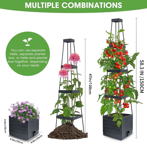 Two Pack Raised Garden Bed Planter Box With Trellis For Climbing Vegetables And Tomatoes 58 Inch Tomato Cage system in multiple setups