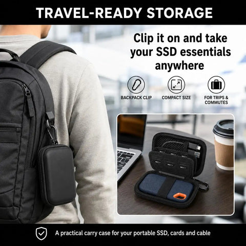 Hard Shell SSD Case For SanDisk Extreme Portable SSD Old And New Models And Extreme PRO attached to backpack, open view