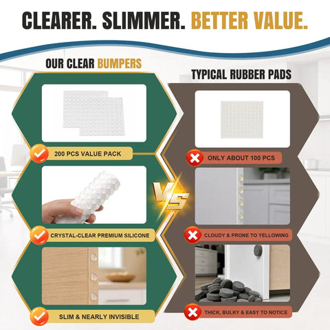 Infographic comparing 200 Count 0.4 Inch Round Cabinet Door Bumpers Self Adhesive Silicone Pads to typical rubber pads.
