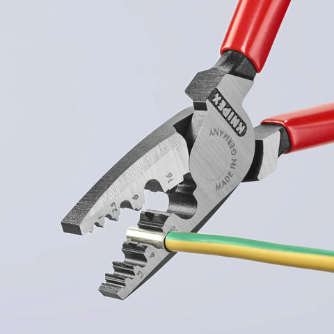 Close-up of Workhorse Crimping Pliers for Cable Ferrules and Wire Terminals, DIN 46228 Compliant, 0.25-16 mm2 Range in use