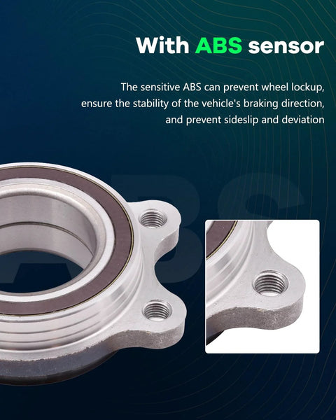 Close-up of Two Pack Front Wheel Hub And Bearing Assembly For Audi A4 Allroad A4 Quattro A5 Quattro A7 Quattro A8 Quattro RS5 RS7 S6 S7 2009 To 2016 Replacement Kit With Drop-In Fit And High Quality Wheel Bearing Module For Smooth Rolling showing ABS compatibility