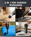 Super Handy 4 In 1 Cordless Car Vacuum With 18000Pa Suction And Brushless Motor Air Duster Function Blowing And Inflating Portable Handheld Cleaner in use for vacuuming, dust blowing, inflation, and vacuum packing.
