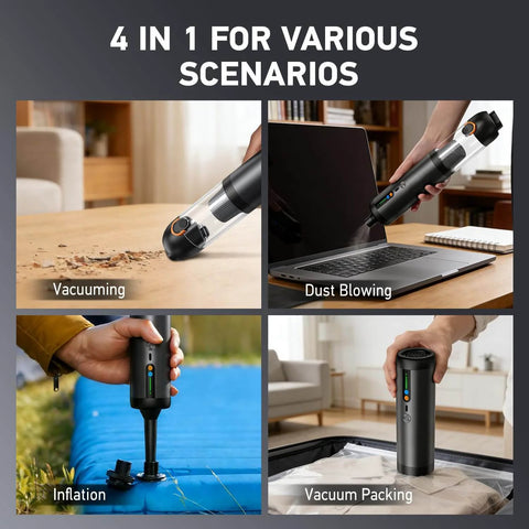 Super Handy 4 In 1 Cordless Car Vacuum With 18000Pa Suction And Brushless Motor Air Duster Function Blowing And Inflating Portable Handheld Cleaner in use for vacuuming, dust blowing, inflation, and vacuum packing.