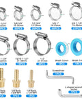 186 Piece 304 Stainless Steel Hose Clamp Kit With Eight Sizes From One Quarter To Two Inches Built To Last Heavy Duty Worm Gear Clamps Rust Proof Oil Resistant And Corrosion Resistant For Indoor Outdoor Use, showing clamp sizes and included tools.