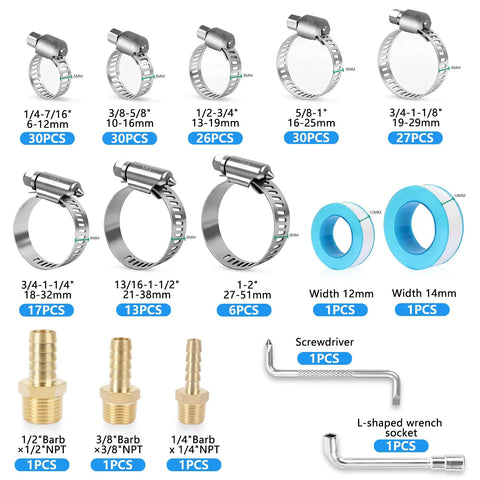 186 Piece 304 Stainless Steel Hose Clamp Kit With Eight Sizes From One Quarter To Two Inches Built To Last Heavy Duty Worm Gear Clamps Rust Proof Oil Resistant And Corrosion Resistant For Indoor Outdoor Use, showing clamp sizes and included tools.