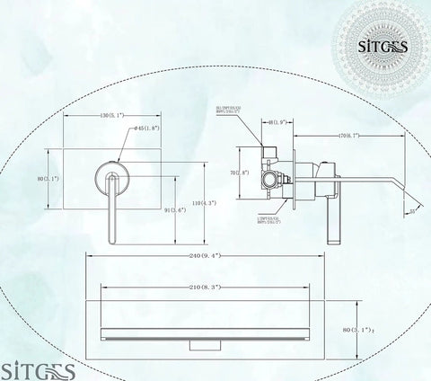 Technical diagram of High Flow Wall Mount Tub Filler with Single Lever, Large Waterfall Spout, and Matte Black Finish