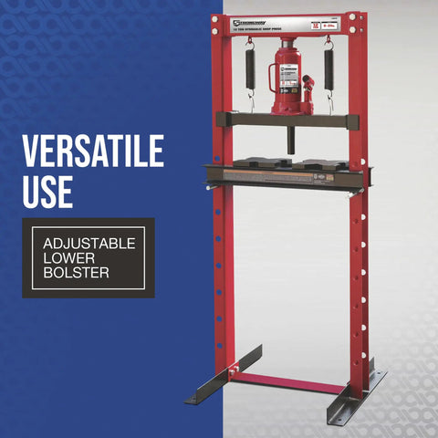 Front view of 12-Ton Hydraulic Shop Press With Heavy-Duty H-Frame All-Steel Construction Lead-Free Rust-Resistant Finish