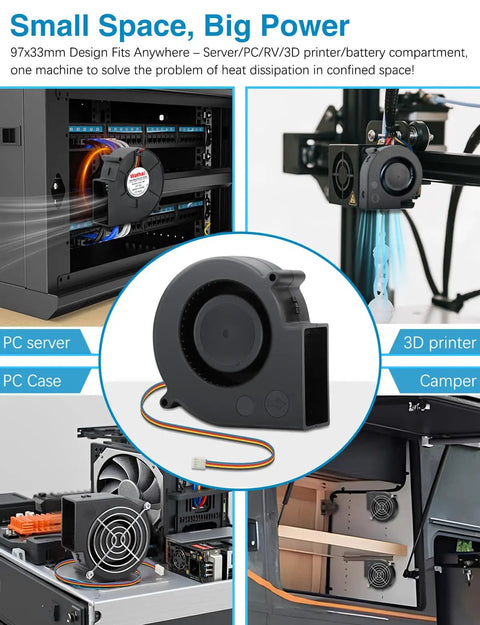 97mm By 33mm Brushless DC Blower Fan 12V Beefy CFM With 4 Pin PWM For PCs And Electronics Squirrel Cage Design Long Lifespan About 50000 Hours Compact Small Cooling Fan used in PC case, 3D printer, server, and camper cooling