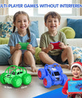 Two kids playing with Amphibious RC Car With 360° Rotating LED indoors, showing toy size and features.