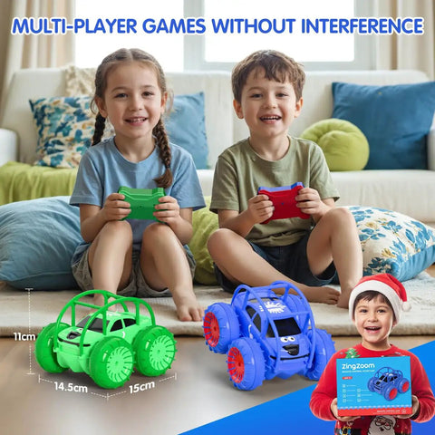 Two kids playing with Amphibious RC Car With 360° Rotating LED indoors, showing toy size and features.