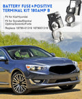 Heavy Duty 180 Amp Fusible Link Fuse With Positive Battery Terminal And M8 M6 Nuts Plug And Play Replacement For Hyundai Kia Sonata Elantra Tucson Ioniq Optima Sorento Sportage Niro Forte Cadenza kit displayed on a grey car.