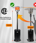 CSA certified 50,000 BTU Outdoor Propane Patio Heater with Wheels, Durable Powder Coated Steel, Quick Ignition And Safety Shutoff, showing height comparison.