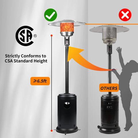 CSA certified 50,000 BTU Outdoor Propane Patio Heater with Wheels, Durable Powder Coated Steel, Quick Ignition And Safety Shutoff, showing height comparison.