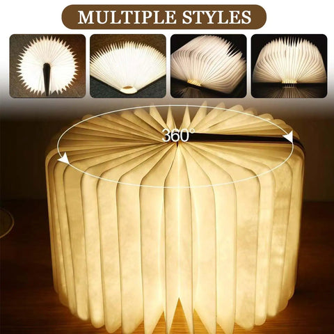 Wooden Folding Mood Light Book Lamp with USB Rechargeable Battery in circular 360-degree open style, emitting cozy glow.