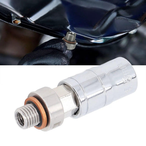 Get Your Car Running Smooth Again With This Piggyback Oil Drain Plug Repair Kit. Easy Install Stainless Steel Rethreading Tool For Slipped Threads Makes Mechanics And DIY Guys Super Happy To Fix Leaks Fast Without No Hassle At All. Close-up stainless steel oil drain plug repair kit installed on engine oil pan