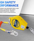 Self Retracting Lifeline Fall Arrestor 23 Foot Double Locking Cable With Aviation Grade Steel Wire; yellow reel with hooks.