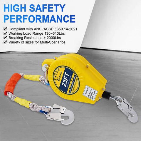 Self Retracting Lifeline Fall Arrestor 23 Foot Double Locking Cable With Aviation Grade Steel Wire; yellow reel with hooks.