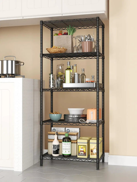 Beefy Five Tier Metal Wire Shelving Unit For Pantry And Garage Adjustable Shelves Up To 1000 Lbs Per Shelf With Stable Load Capacity 14 Inch Depth 24 Inch Width And 59.5 Inch Height in pantry corner