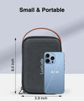 The Ultimate Go To Tech Organizer Travel Case For Portable Electronics And Daily Cord Management Featuring A Smooth Leather Handle Compact Fit that is 8.5 inches tall and 5.9 inches wide.
