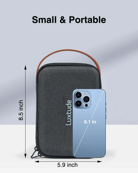 The Ultimate Go To Tech Organizer Travel Case For Portable Electronics And Daily Cord Management Featuring A Smooth Leather Handle Compact Fit that is 8.5 inches tall and 5.9 inches wide.