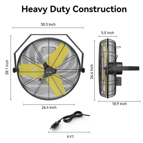 Heavy Duty Industrial Wall Mount Fan With High Velocity Airflow 9200 CFM 24 Inch Two Speed Metal Construction, side and front view dimensions