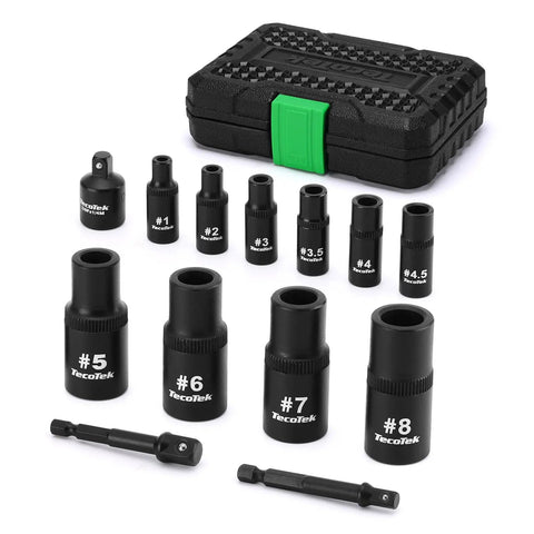 13 Piece Magnetic Tap Socket Set with 1/4 and 3/8 inch drive square sockets and tap handle, black sockets displayed with case