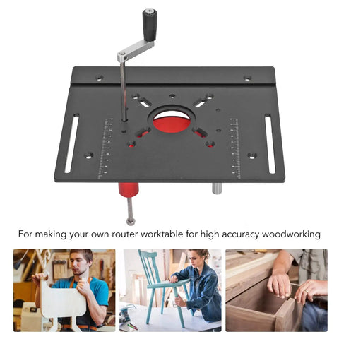 Beefed Up Aluminum Router Lift Kit With Bulletproof Precision Dynamic Insert Plate compatible with standard table saws, top view