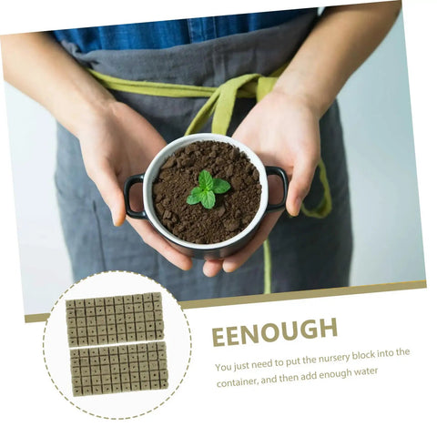 Person holding pot with soil and plant, showcasing 100 Piece Hydroponic Starter Plugs and Fertilizer Cubes for Indoor Grow Systems.