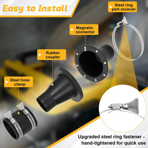 Magnetic Dust Collection Fittings 4 To 2.5 Inch One To Multi Hose Adapter components with steel hose clamp, rubber coupler, magnetic connector, and fastener.