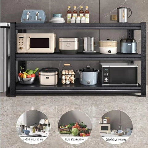 Rock Solid Heavy Duty Steel Storage Rack Adjustable Three Tier Shelving Unit with microwave and kitchen items, measuring 120x40x80cm.