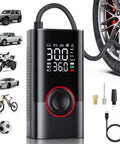 Cordless Tire Inflator With Digital Pressure Gauge next to vehicles and tire, showing PSI levels and accessories