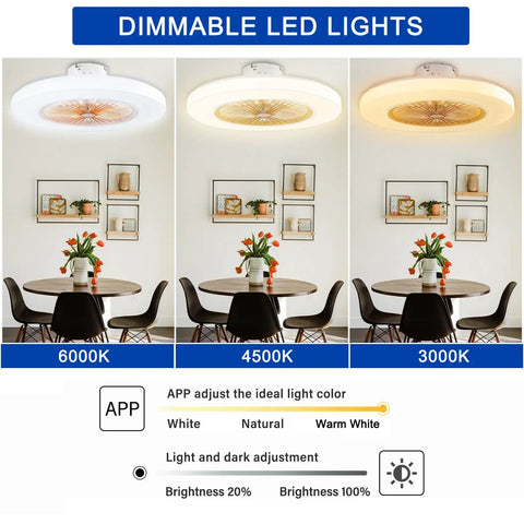 22 Inch Ceiling Fan With Light, showing 3 dimming color options in a dining room setting, Enclosed Low Profile LED Ceiling Fan With Remote