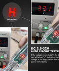 Digital LED Car Circuit Tester 2.6V To 32V Test Light displaying high voltage alert on screen with extended spring wire and probe