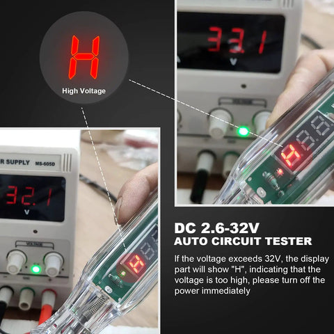 Digital LED Car Circuit Tester 2.6V To 32V Test Light displaying high voltage alert on screen with extended spring wire and probe