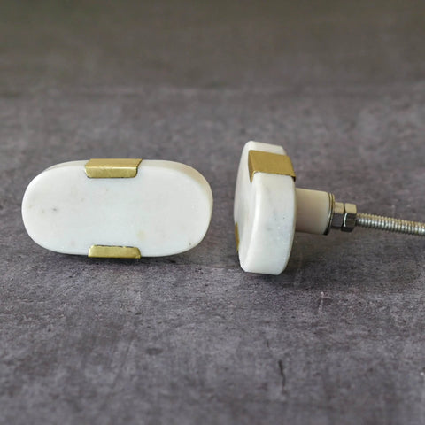 Oval Stone And Brass Knob Set For Drawers And Cabinets 1.5 Inch Natural Stone Knobs With Brass Mount Gold White Finish Set of 6