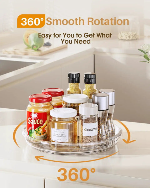 Clear 9.25 inch Lazy Susan Turntable with spices in a kitchen. 2 Pack Nine Point Two Five Inch Lazy Susan Turntables For Cabinets And Countertops.
