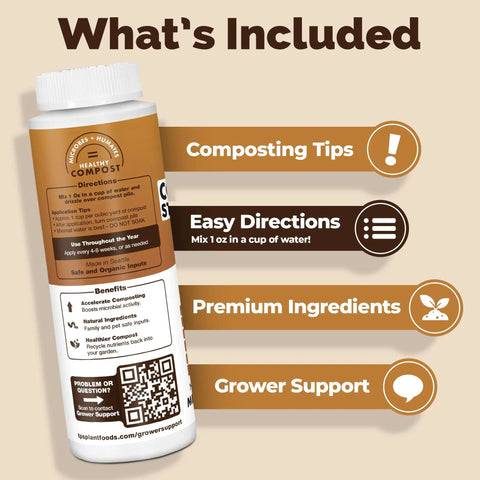 Compost Starter And Accelerator Liquid Booster For Faster Breakdown And Richer Finished Compost 8 Oz bottle with information.
